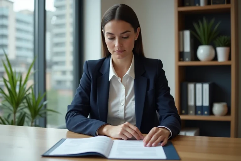 Femme professionnelle examine documents immobiliers