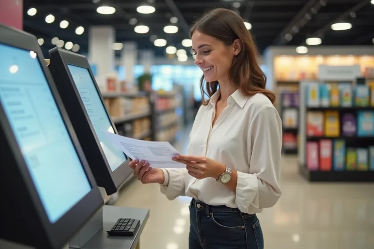 Femme souriante tenant ses documents imprimés dans un magasin moderne