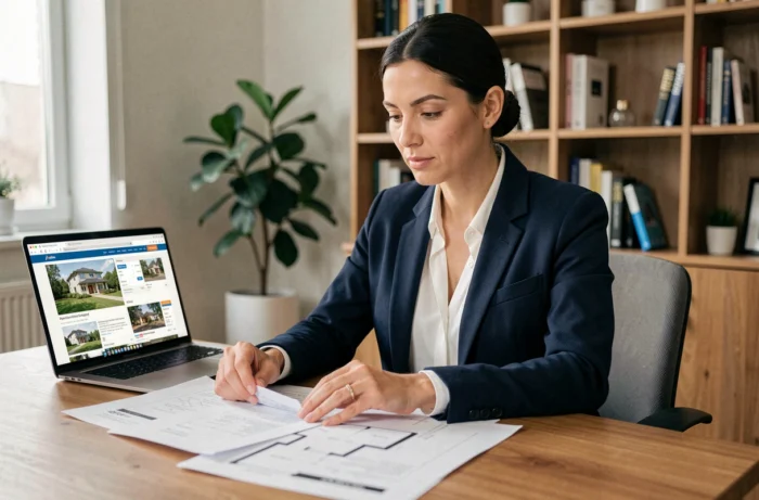Femme investissant dans l'immobilier en étudiant des documents et plans de propriété sur un bureau en bois