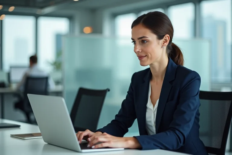 Femme professionnelle en bureau moderne avec ordinateur