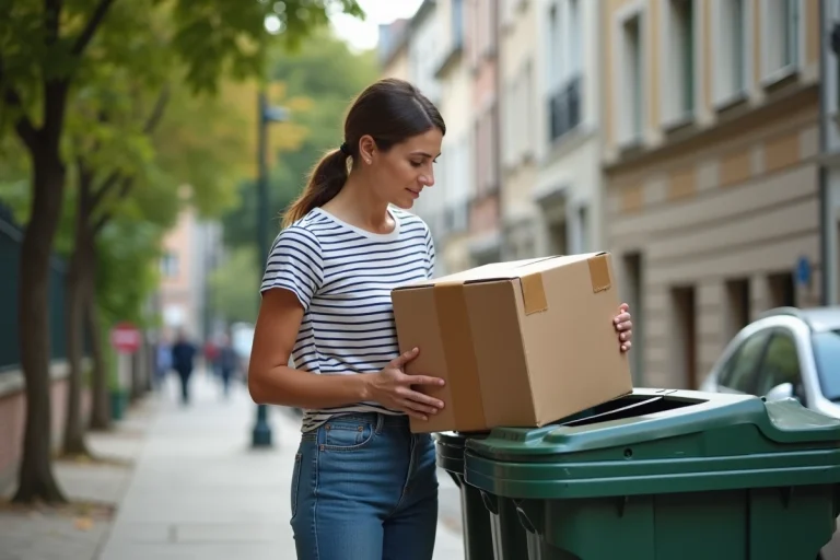 Femme déposant des cartons dans une poubelle de recyclage à Nantes