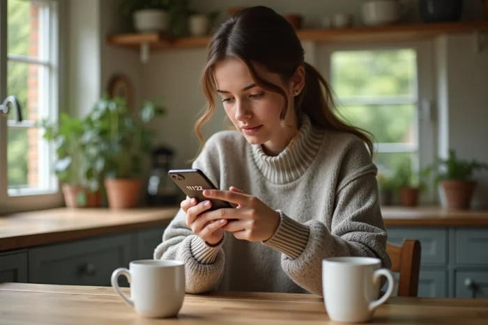 Jeune femme en cuisine regardant son smartphone