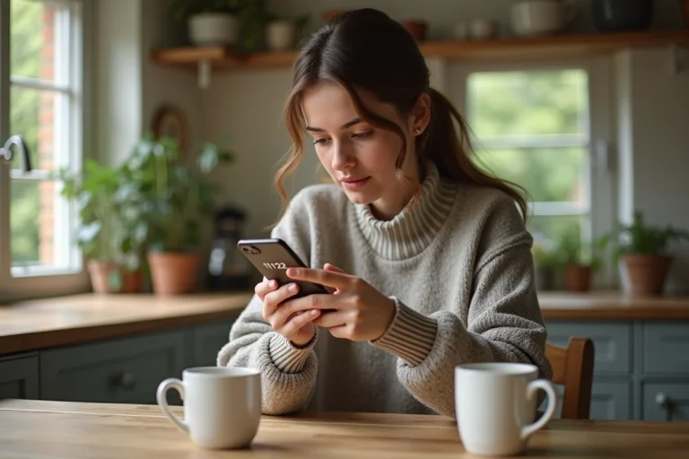 Jeune femme en cuisine regardant son smartphone