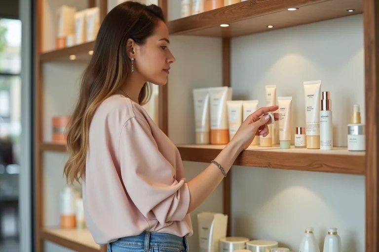 Femme compare soins visage dans boutique moderne