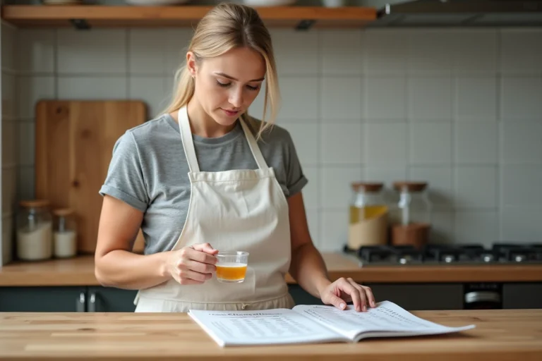 Femme en tablier lisant un tableau de conversion grammes en litres dans une cuisine moderne
