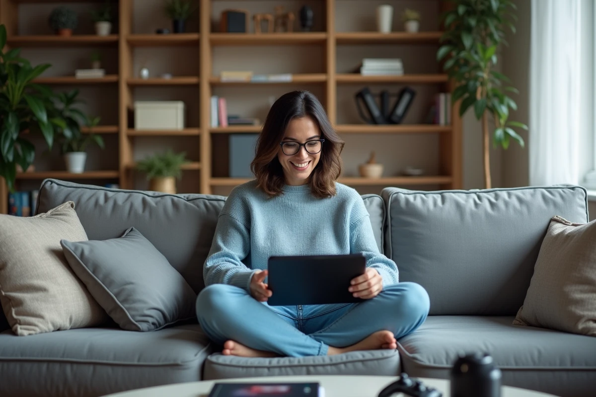 Femme souriante utilisant une tablette pour télécharger
