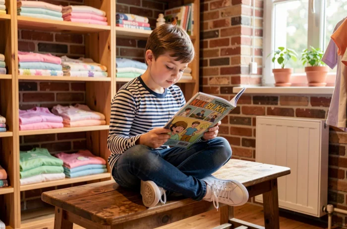 Garçon de 9 ans en jean indigo et chemise rayée marine, assis dans une boutique de vêtements enfant colorée et chaleureuse