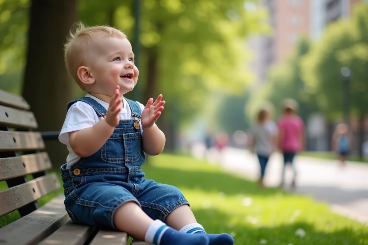 Garcon de 16 mois assis sur un banc de parc en train de taper dans ses mains