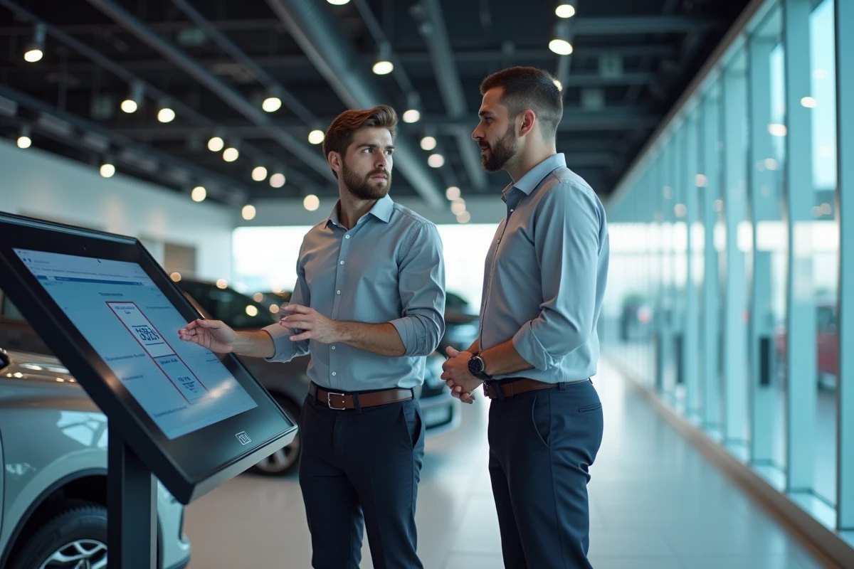 Gestionnaire de flotte discutant dans un showroom hightech