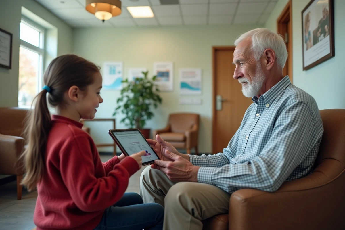Petite fille aidant son grand-père à choisir un rendez-vous médical sur une tablette