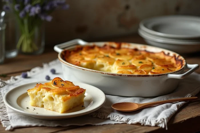 Grand gratin dauphinois doré et crémeux dans un plat ovale, avec couches de pommes de terre fondantes et croûte caramélisée