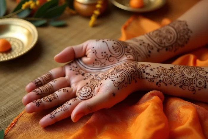 Gros plan d'un henné traditionnel sur la main droite représentant des motifs paisley, symbolisme du henné dans les mariages indiens