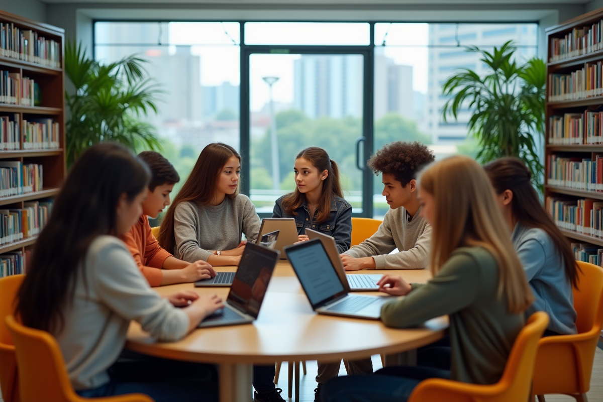 Jeunes collégiens collaborant autour de table en bibliothèque moderne
