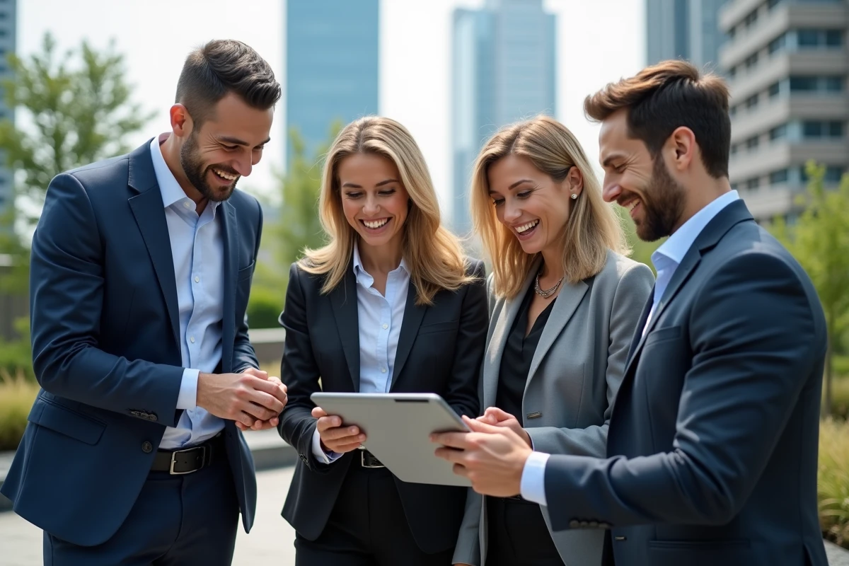 Groupe de professionnels discutant en terrasse urbaine