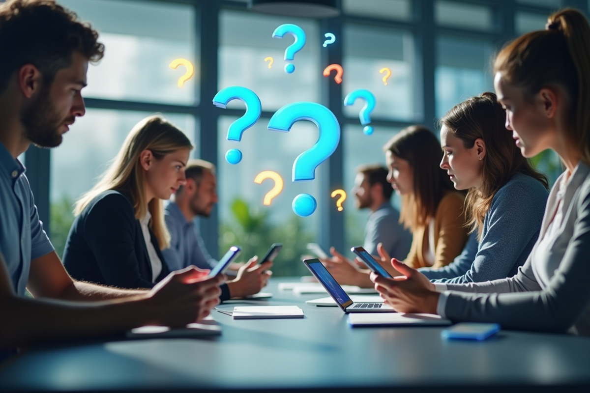 Groupe de personnes au bureau avec icônes d