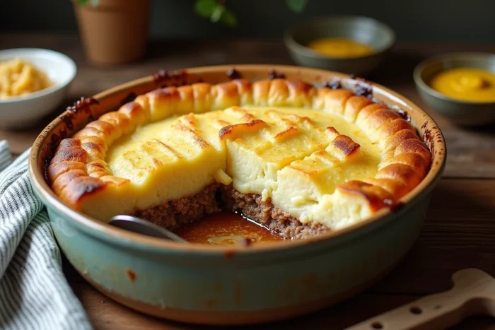 Hachis parmentier maison au canard confit dans un plat à four ovale, couche de purée dorée au four recouvrant une base de canard effiloché