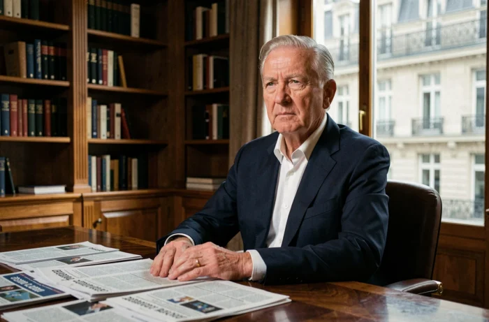 Homme d'affaires âgé en costume sombre assis dans un bureau parisien élégant entouré de journaux financiers