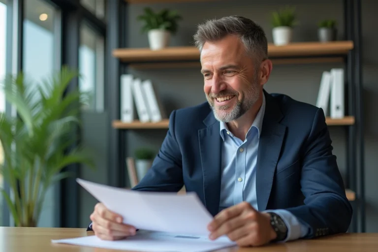 Homme d'affaires en costume bleu dans un bureau moderne
