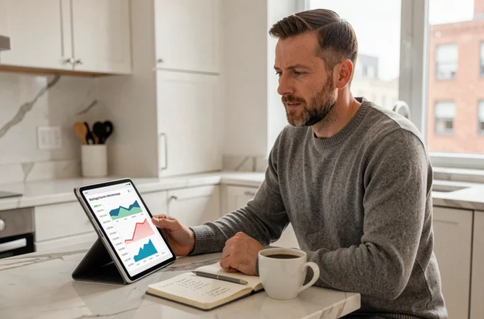 Homme calculant son budget pour un premier investissement immobilier sur une tablette dans une cuisine moderne