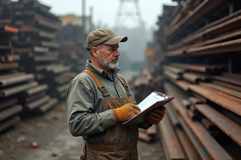 Homme de déchetterie avec piles de métaux organisés