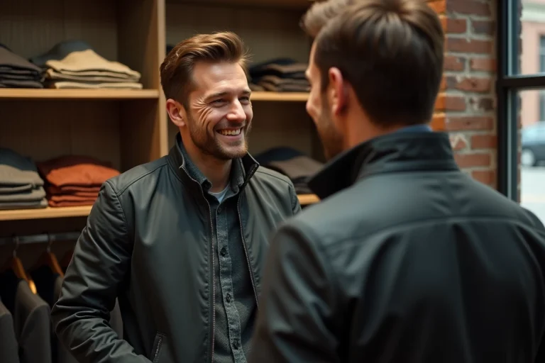 Homme essayant une veste bomber dans une boutique élégante