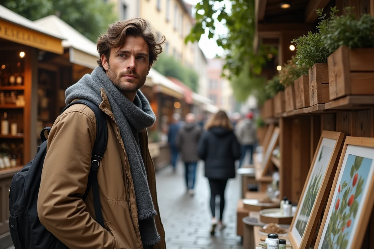 Homme examine affiches et produits cosmétiques en marché