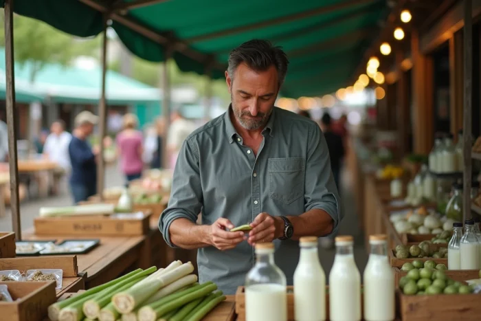 Homme au marché comparant des alternatives végétales à la noix de coco pour cuisiner des plats salés