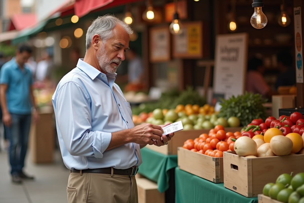 Homme vérifiant une étiquette de produits au marché en plein air