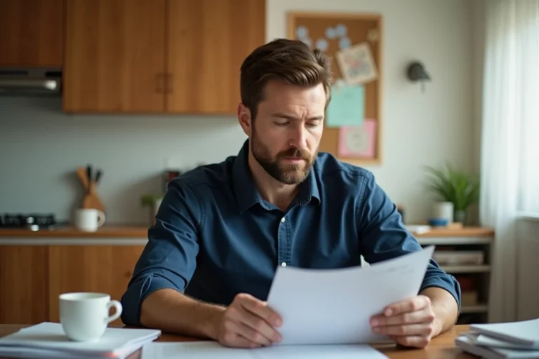 Homme concentré à son bureau cuisine lumineux