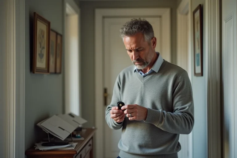 Homme d'âge moyen examine un badge de sécurité dans un couloir