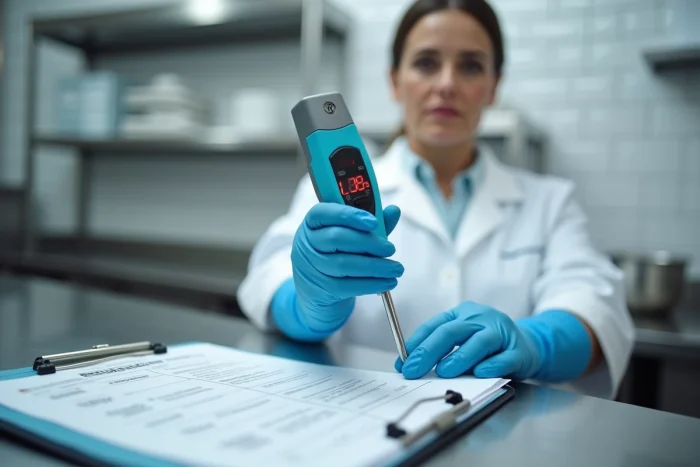 Inspectrice de sécurité alimentaire tenant une sonde métal détectable avec un dossier HACCP dans un environnement de cuisine professionnelle