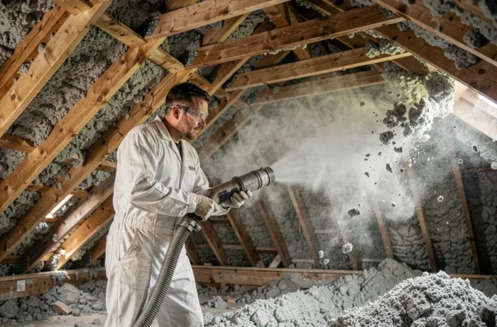 Professionnel en combinaison de protection insufflant de la ouate de cellulose en vrac dans un espace de combles avec une machine pneumatique