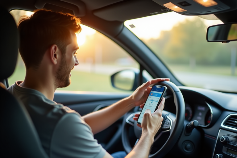 Jeune conducteur souriant vérifiant une appli d'assurance connectée
