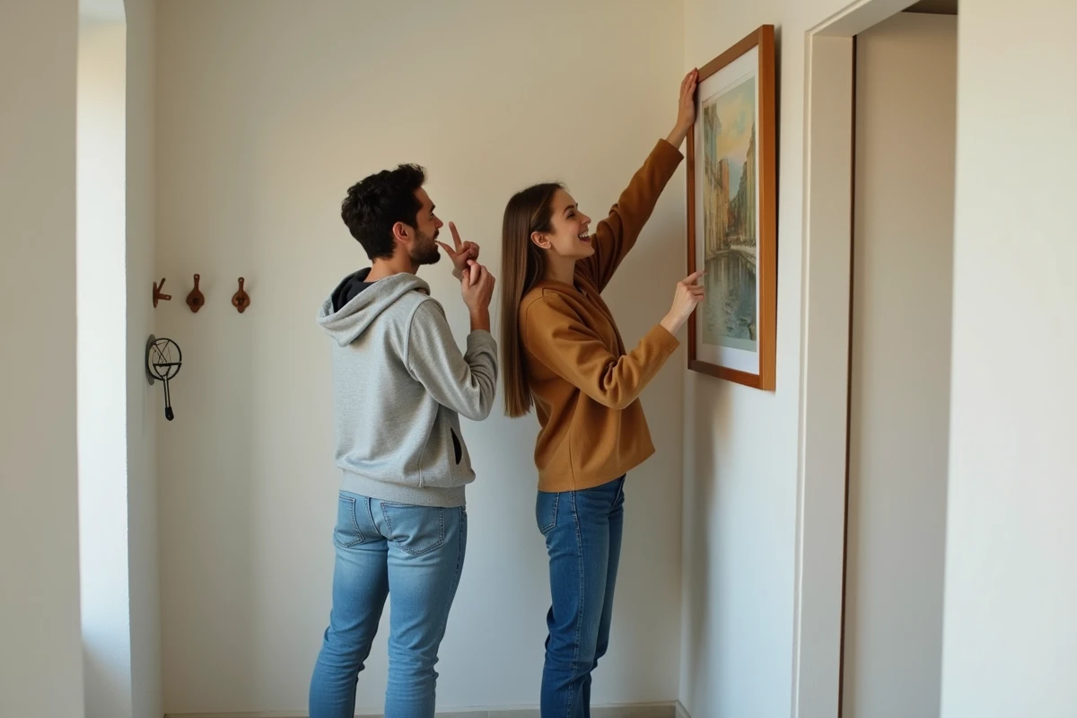 Jeune couple accrochant un tableau dans un couloir