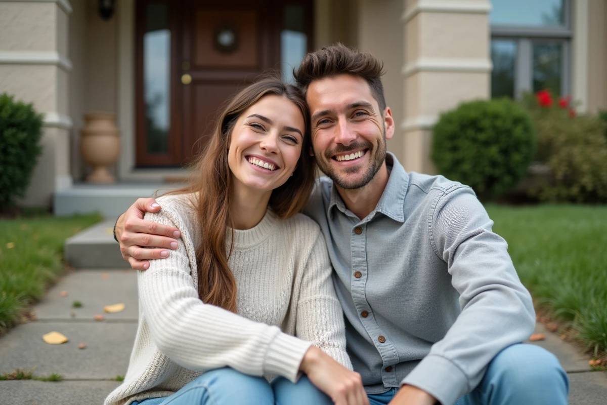 Jeune couple souriant devant leur nouvelle maison