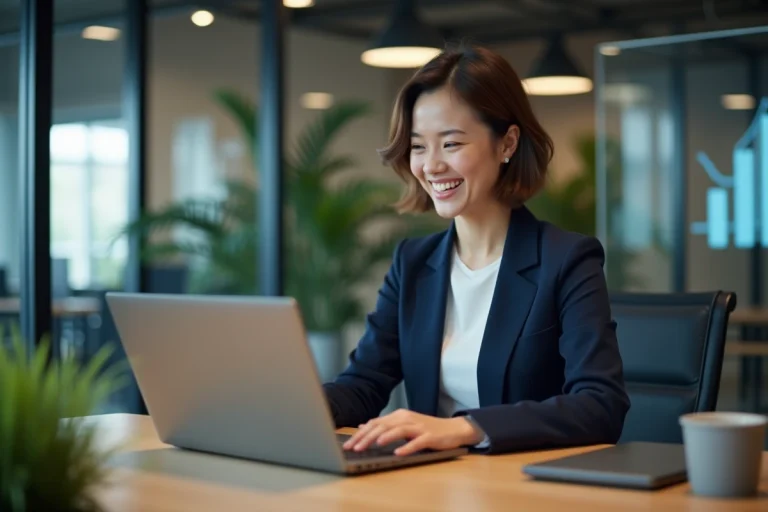 Jeune femme professionnelle souriante travaillant sur un ordinateur moderne