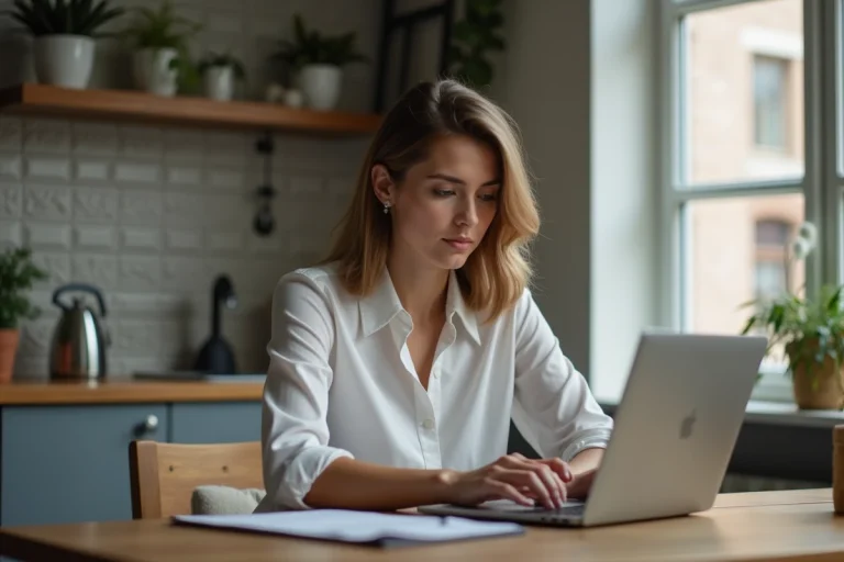 Jeune femme en intérieur recherche emploi sur son ordinateur