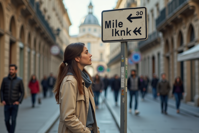 Jeune femme regardant un panneau de ville avec mesures km et miles