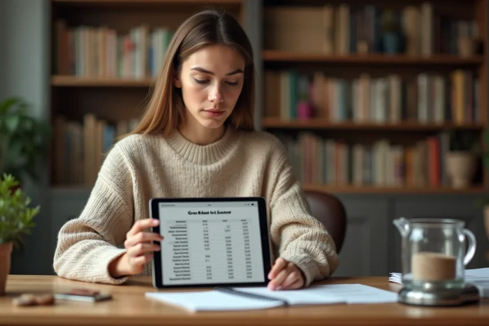 Jeune femme utilisant une tablette avec un tableau de conversion grammes en litres à son bureau
