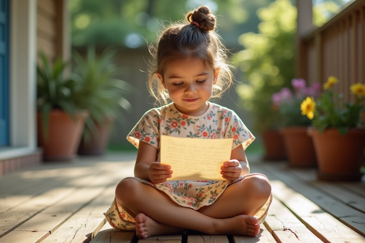 Jeune fille lisant une lettre sur la terrasse