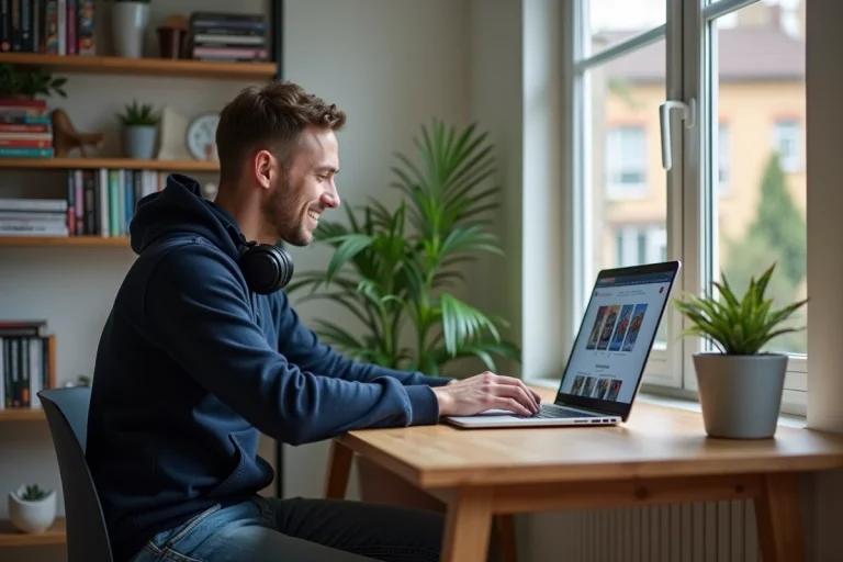 Jeune homme concentré sur son ordinateur avec Torrent9