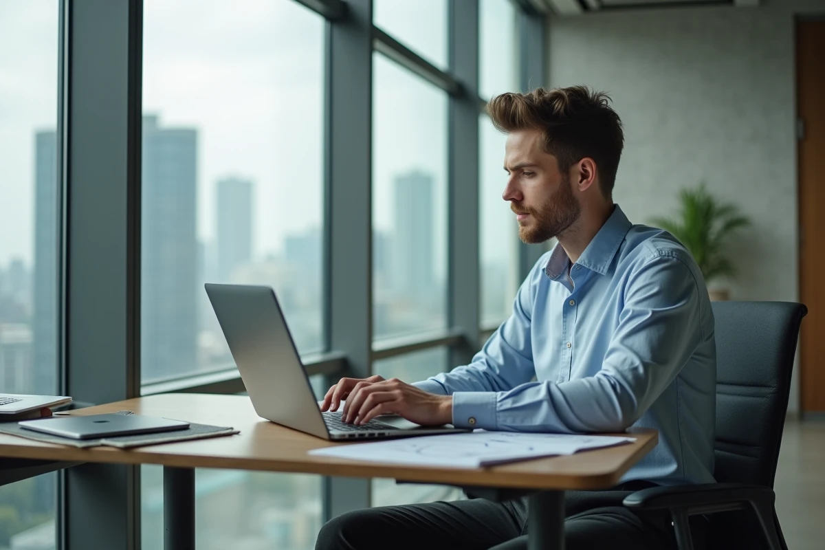 Jeune homme travaillant sur son ordinateur au bureau
