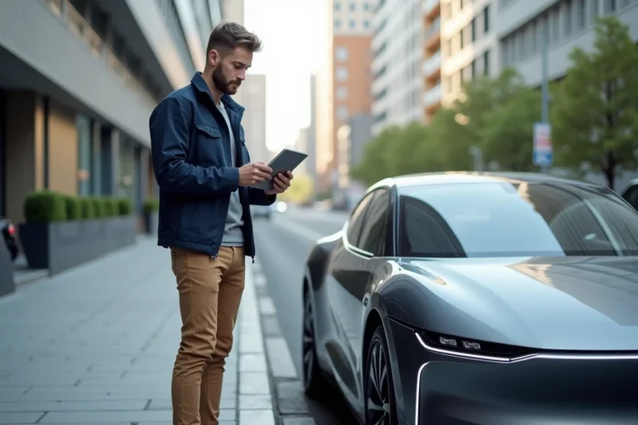 Jeune homme regardant une tablette à côté d'une voiture électrique moderne