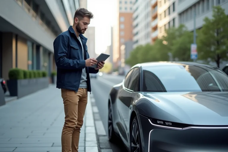 Jeune homme regardant une tablette à côté d'une voiture électrique moderne