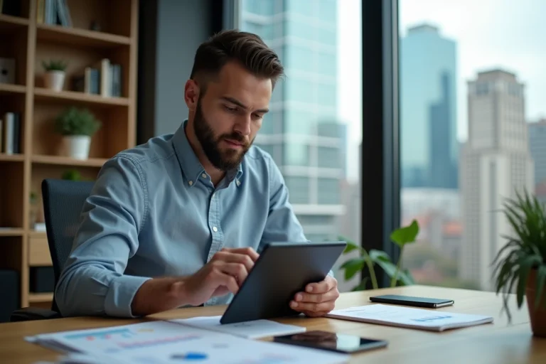 Jeune homme professionnel utilisant une tablette dans un bureau moderne