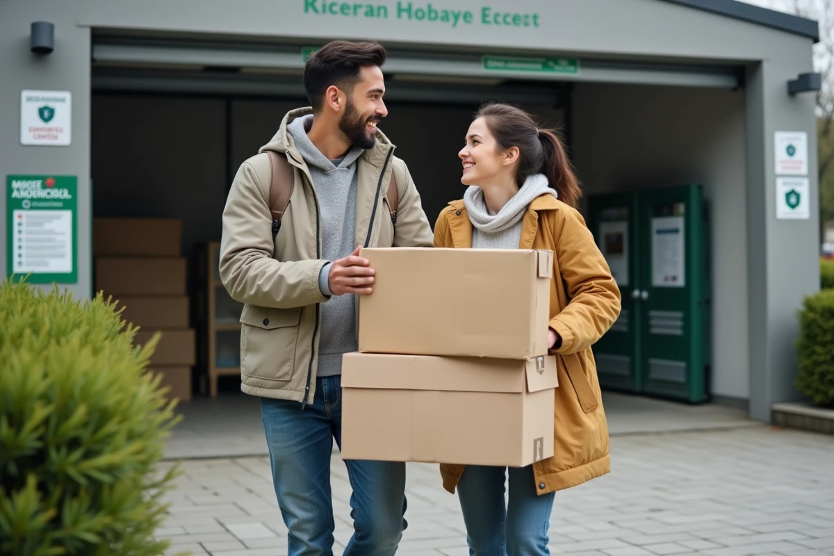 Jeune couple souriant portant des cartons vers un centre de tri