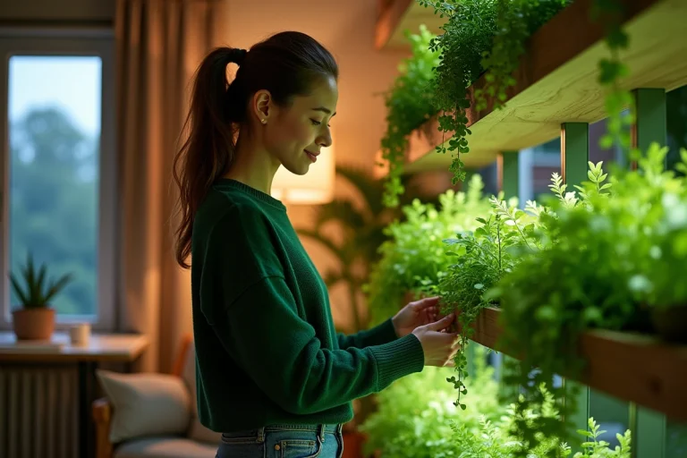 Jeune femme dans un appartement avec jardin bioluminescent
