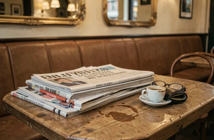 Pile de journaux et magazines français posés sur une table de café parisien avec une tasse d'espresso et des lunettes