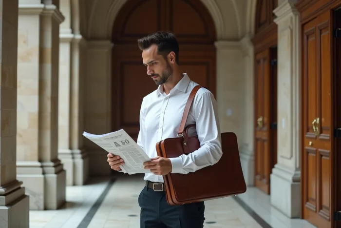 Juriste consultant la gazette officielle dans un couloir de palais de justice en 2025