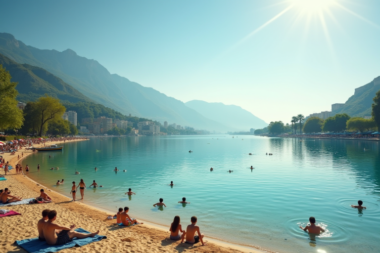 Lac d'eau douce près d'une ville avec des gens au bord